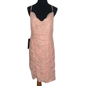 Bebe Dress Womens Size XL Peach Ruched Lace And‎ Mesh Bodycon